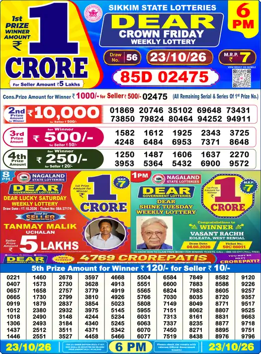 Nagaland State Dear Lottery Sambad Result Today 6 PM 23 Oct 2026
