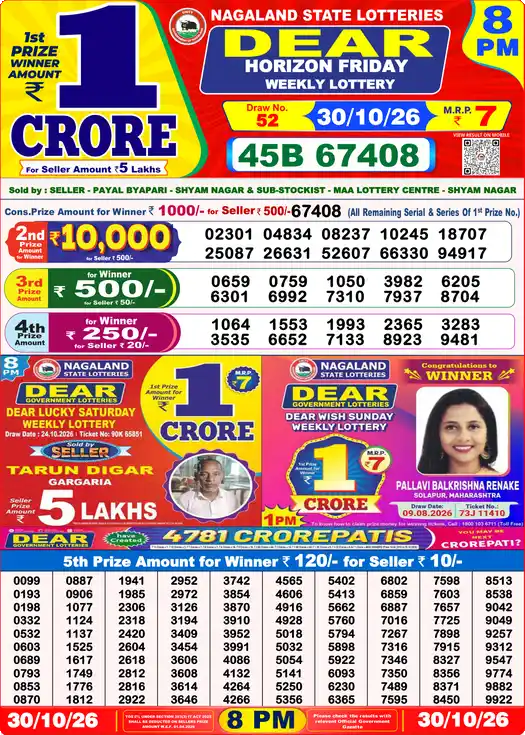 Nagaland State Dear Lottery Sambad Result Today 8 PM 30 Oct 2026
